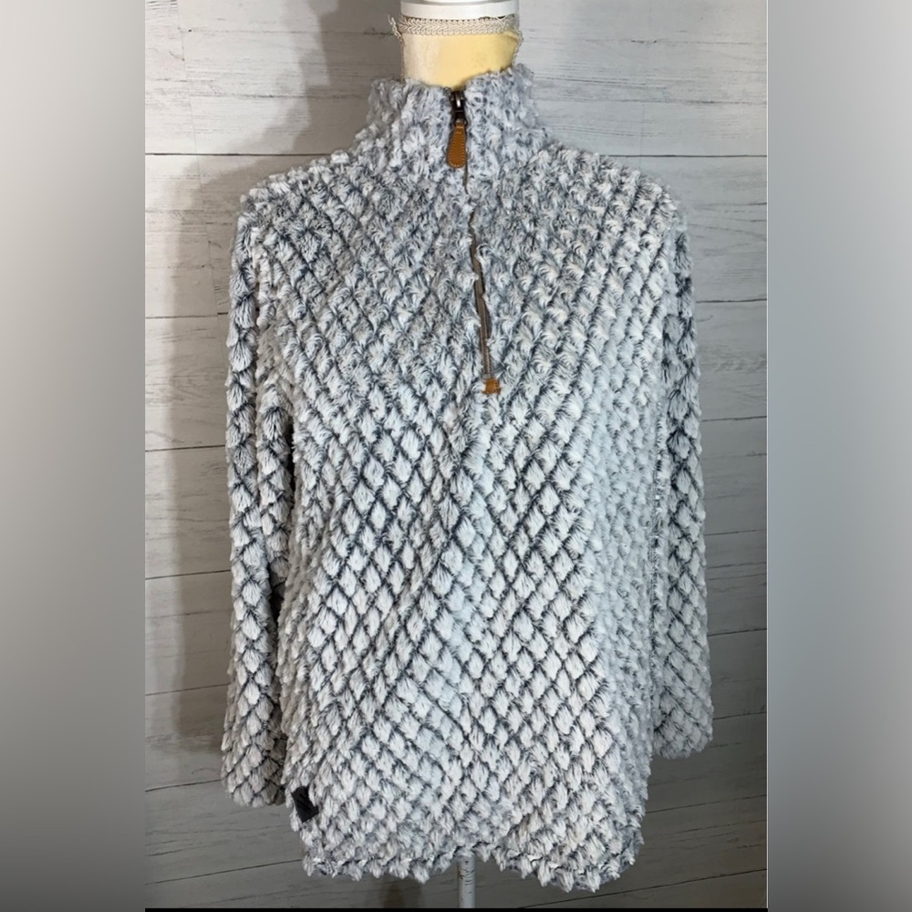 Women's Simply Southern White Gray Diamond Sherpa 1/4 Zip Pullover Fleece Size S